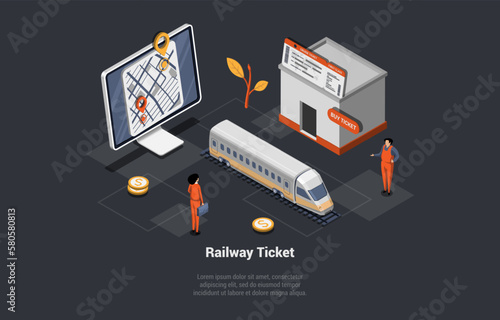 Online Buying Railway Tickets Mobile App, Traveling by Train Concept. Man Passenger Buying Tickets And Waiting For A Train. Character At Railway Platform. Isometric 3d Cartoon Vector Illustration