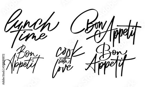 Set of script food text quote. Bon appetit lettering in hand drawn style. Typography word for menu, cafe, poster. Vector illustration