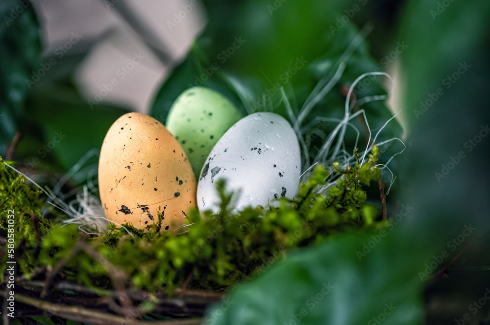 bird nest with colored Easter eggs on branches of green trees, easter decoration, selective focus bird nest with colored Easter eggs on branches of green trees, easter decoration, selective focus