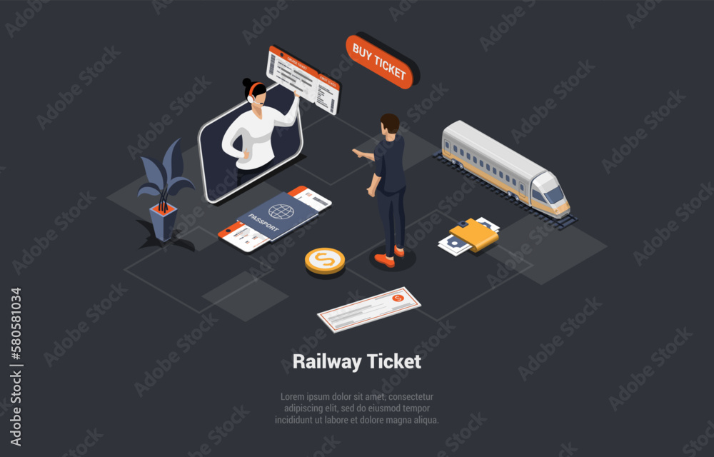 Naklejka premium Online Buying Railway Tickets Mobile App, Traveling by Train Concept. Man Passenger Buying Ticket Online For Intercity Train. Character At Railway Platform. Isometric 3d Cartoon Vector Illustration