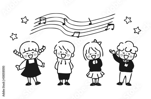 歌を歌う子供たち　モノクロ