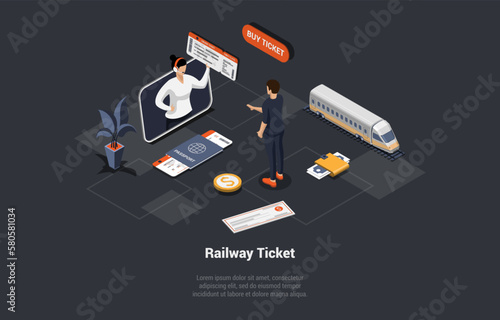 Online Buying Railway Tickets Mobile App, Traveling by Train Concept. Man Passenger Buying Ticket Online For Intercity Train. Character At Railway Platform. Isometric 3d Cartoon Vector Illustration