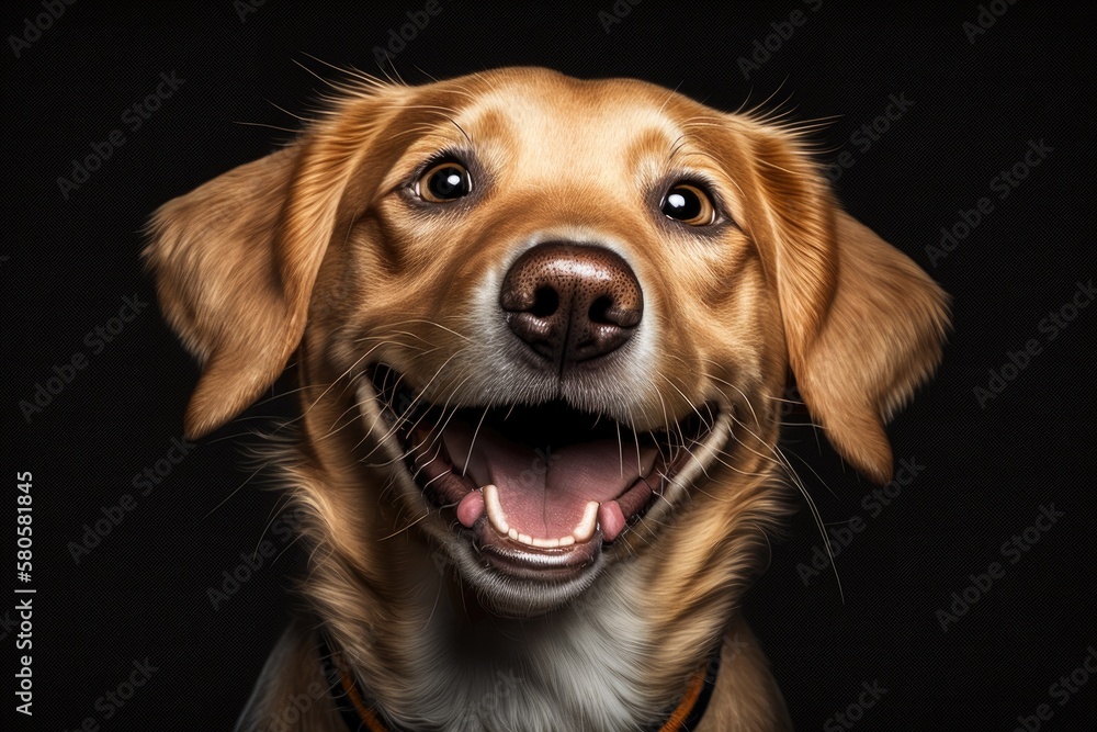 Close up portrait of a beautiful dog with a big smile, isolated on a black background. His mouth is wide open, and his tongue is sticking out. studio shot. Generative AI