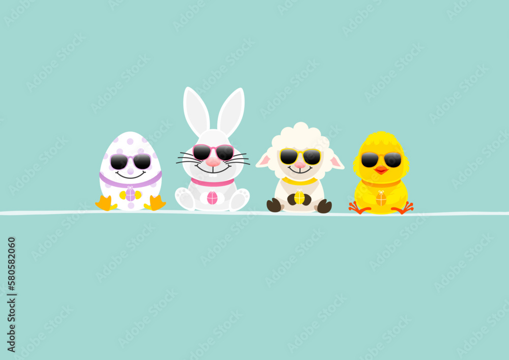 Fototapeta premium Osterei, Weißer Osterhase Schaf & Küken Sonnenbrille Karte Türkis