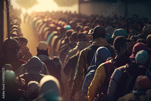 Crowd of refugee people goes in a line and a humanitarian disaster zone to cross the border into another country 4. Generative AI