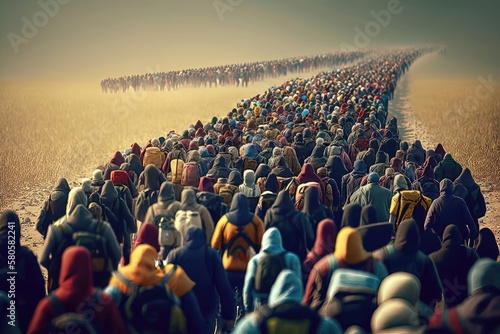 Crowd of refugee people goes in a line and a humanitarian disaster zone to cross the border into another country 3. Generative AI