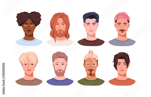 Young men faces set. Modern guys, head portraits. Fashion handsome male characters, diverse stylish hairstyles, bangs, beard, mustache. Flat graphic vector illustration isolated on white background
