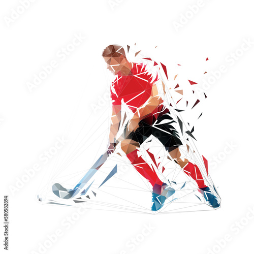 Field hockey player running with ball, low polygonal vector illustration, geometric field hockey logo from triangles