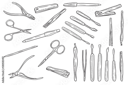 Realistic manicure equipment instruments set. Hand drawn vector sketch illustration in doodle engraved vintage outline style. nail clippers, scissors, file, trimmer tweezers, push stick, bamboo stick