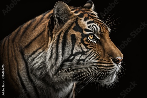 Panthera tigris tigris, Bengal tiger, profile portrait on gray black background. Generative AI © AkuAku