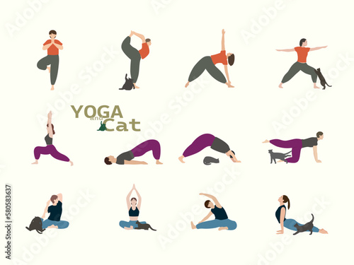 YOGA and Cat (set of yoga poses)