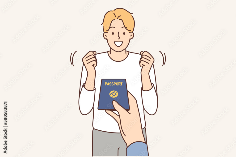 Officer give passport to excited man Officer give passport to excited man