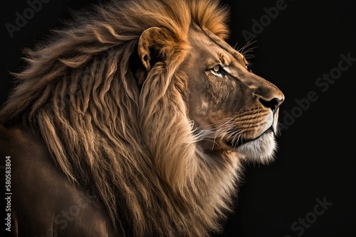 A side portrait of a big male African lion (Panthera leo) against a black background, South Africa. Generative AI photo