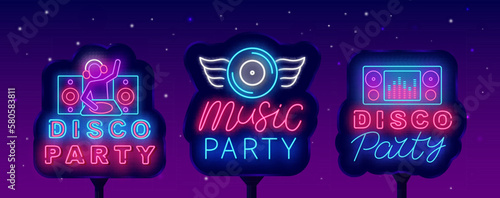 Disco party neon street billboards collection. Disk with wings. Music player and dj man. Vector stock illustration