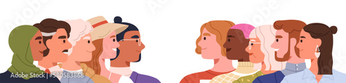 Two groups of people, social unions looking at each other. Happy friendly peaceful communities. Humanity, peace, tolerance, understanding concept. Flat vector illustration isolated on white background