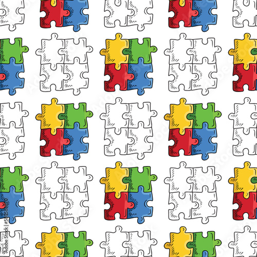 Seamless pattern with four jigsaw puzzle on white background. Hand drawn vector sketch illustration in engraving doodle vintage line art style. children autism awareness day, team building, solution.
