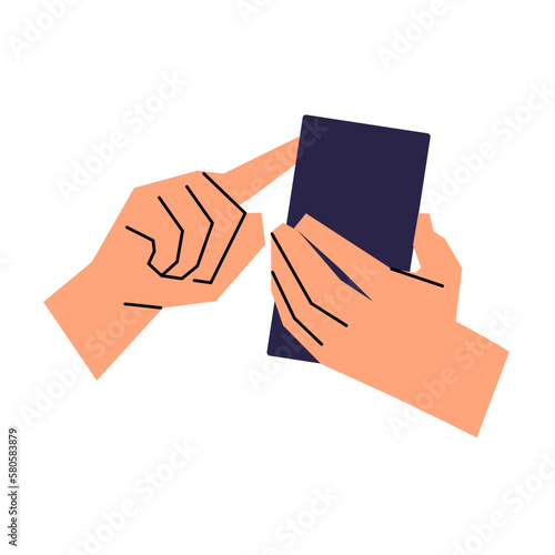 Male hands holding a mobile phone. Tap the phone screen with your index finger. Scrolling a page or searching for something. Smartphone from the outside. Flat vector.