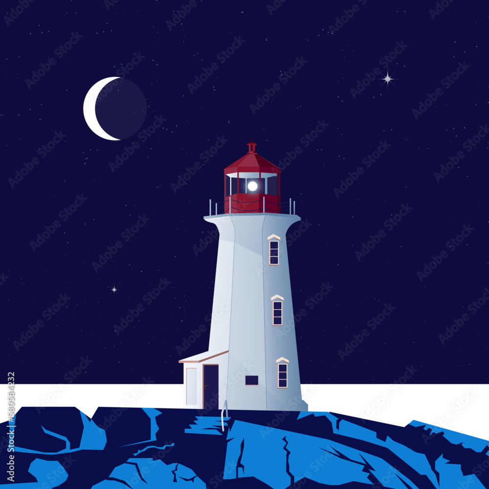 Lighthouse in the night. Peggys Cove, Nova Scotia, Canada.