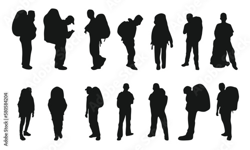 Silhouette man and bag when hiking on mountain outdoor activity