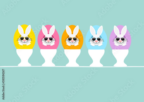 Karte 5 Weiße Osterhasen Sonnenbrille In Ei Eierbecher Vorn Türkis