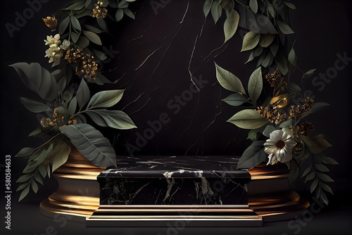 black and gold marble display podium for luxury product advertisement with a beautiful black color background with flowers and floral, generative ai