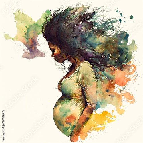 Illustration of a pregnant woman with a big belly, drawing in a watercolor style on a white background. Generative ai