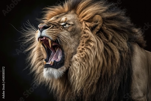 Wild African male lion roaring and showing dangerous teeth. Generative AI