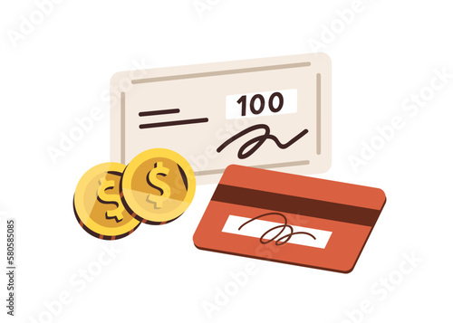 Financial instruments, plastic credit debit card, bank cheque, checkbook, coins. Personal money, cash and cashless finance, payment methods. Flat vector illustration isolated on white background