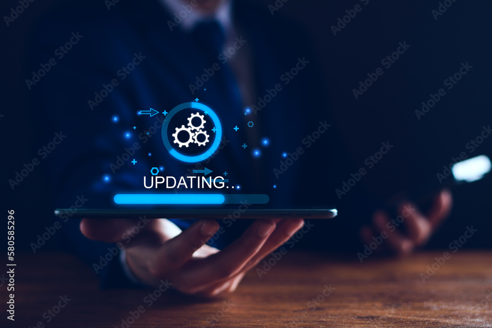 Operating system upgrade concept, installation app and software update process, modernize user equipment, update modern functions, developer released new version Improved security. User is downloading - obrazy, fototapety, plakaty 