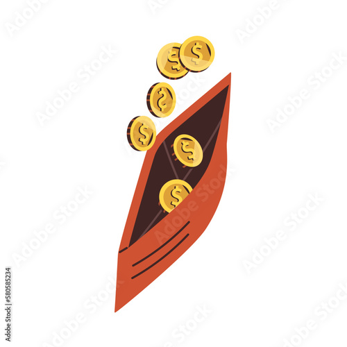 Coins falling into wallet, purse. Finance cashback, pocket money, bonus, income receipt, financial savings concept. Earnings, change, refund. Flat vector illustration isolated on white background