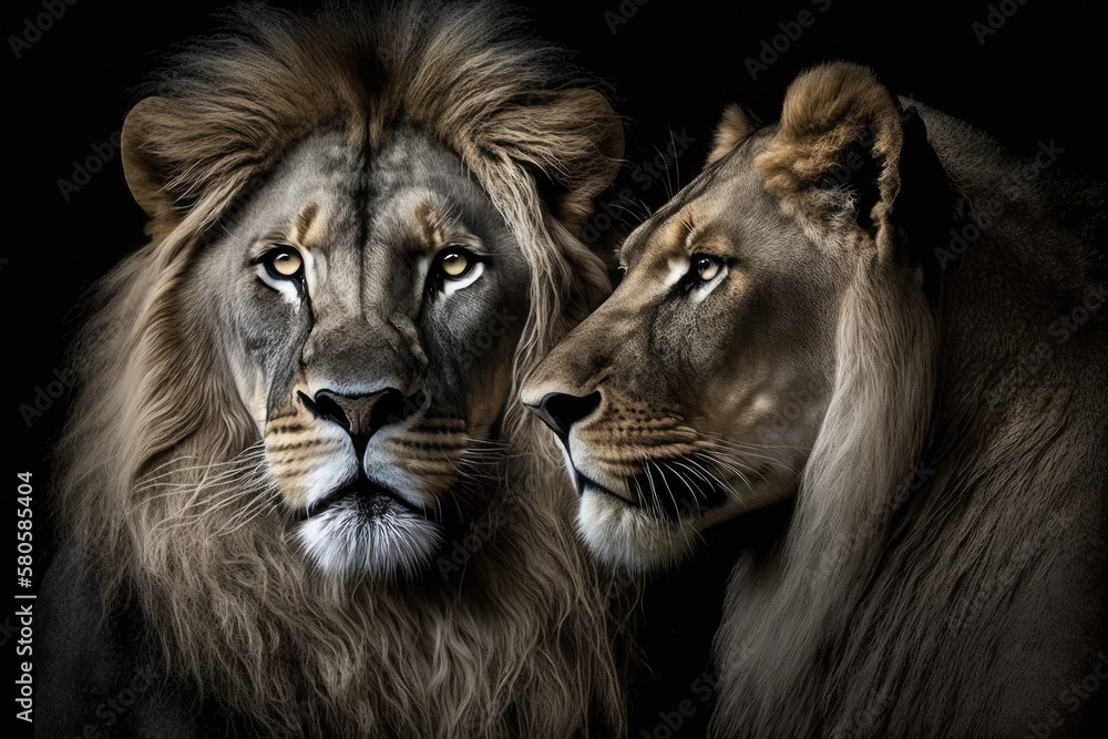 The lion and the lioness are both animals. In the dark, a portrait. Generative AI
