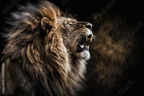A picture of a lion roaring on black. Generative AI