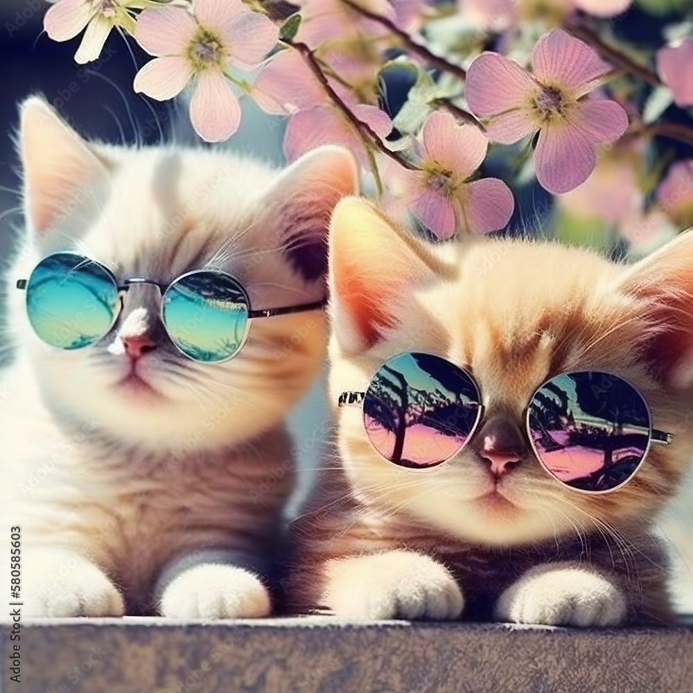 Cute spring baby cats wearing cool sunglasses with flowers they sunbathe relax peek little kitty two three so sunlight weather portrait photography Generative AI  - obrazy, fototapety, plakaty 