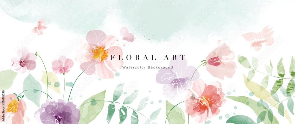 Abstract floral art background vector. Botanical watercolor hand drawn flowers paint brush line art. Design illustration for wallpaper, banner, print, poster, cover, greeting and invitation card. - obrazy, fototapety, plakaty 