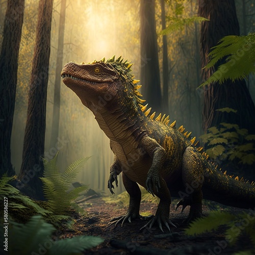 realistic-looking dinosaur in the forest t-rex scary giantin forest nature jungle jurassic park horroristic horror  Generative AI 