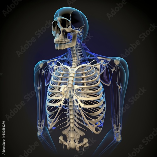 Fényképezés Rib cage anatomy 3D Illustration with wire frame skeleton autopsy master biology