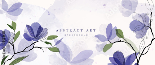 Abstract floral art background vector. Botanical watercolor hand painted blue flowers and leaf branch with line art. Design for wallpaper, banner, print, poster, cover, greeting and invitation card. 