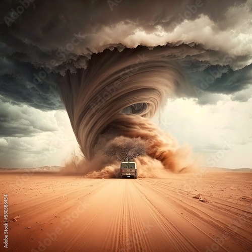 tornado, approaching sandstorm in the background stong wind dangeorus the dust stirs up everything desert sand landscape storm funnel fast Generative AI 