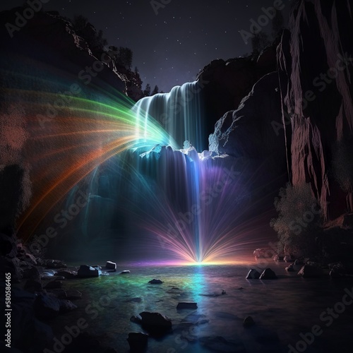 waterfall, laser show, bright fast flowing water in the dark light play cold rock fast winding flows down rainbow color night dark wow river Generative AI 