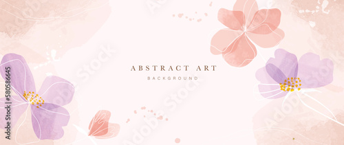 Abstract floral art background vector. Botanical watercolor hand painted pastel color flowers with white line art. Design for wallpaper, banner, print, poster, cover, greeting, invitation card. 