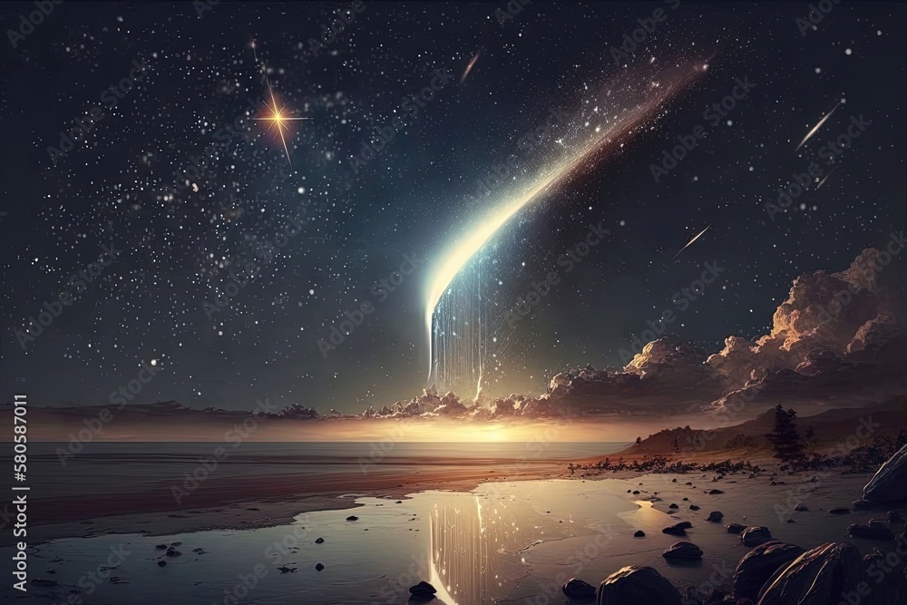 Bright shooting star or comet with a long trail in a dark sky. Astonishing and breathtaking design, cosmic and astronomical elements, wonder and amazement, fleeting and transient beauty. Generative AI Bright shooting star or comet with a long trail in a dark sky. Astonishing and breathtaking design, cosmic and astronomical elements, wonder and amazement, fleeting and transient beauty. Generative AI