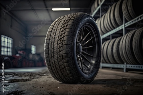 Wheel of a car in an auto repair shop. Industrial and mechanical design, automotive and transportation, maintenance and repair, tools and equipment. Generative AI © Павел Озарчук