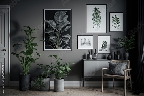 Beautiful interior with gray color scheme and green plants. Modern and stylish design, home decor and aesthetics, harmony and balance, nature and tranquility. Generative AI