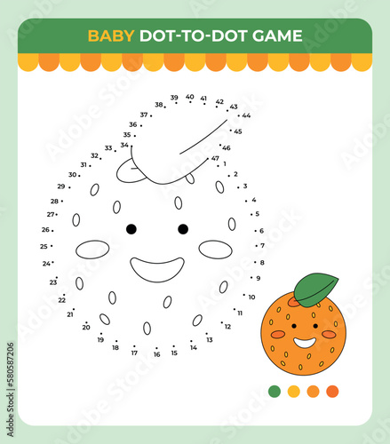 Dot-to-dot game for children, Fruit orange, Summer children game