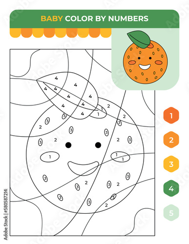 Number coloring game for children, fruits orange, summer children game