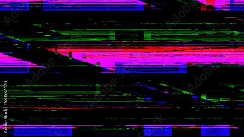 Pixel glitch electronic distortion. Internet interference. Blur neon pink green blue color lines noise digital artifacts on dark black abstract illustration background.