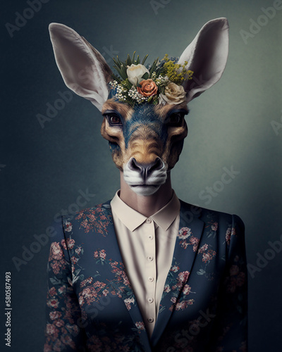 generative ai illustration businesswoman dressed in suite with high detailed animal head, looking into camera