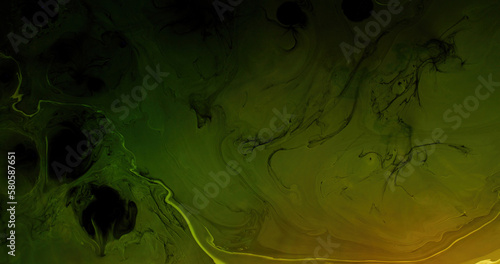 Ink water. Paint drop. Dirt fluid. Chemical pollution. Black green color oil liquid blend marble texture dark abstract art background with free space.