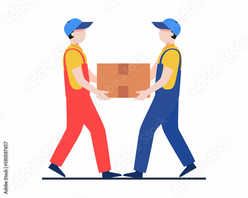 Two workers is lifting the heavy wooden crate for delivery, Transportation of cargo.