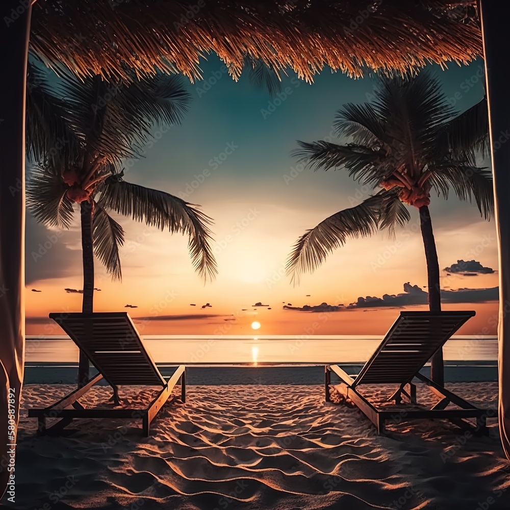 A stunning tropical sunset scene with two sun beds, lounge chairs, and a canopy of palm trees. White sand, a horizon facing sea view, a vibrant twilight sky calmness, and relaxation hot Generative AI 